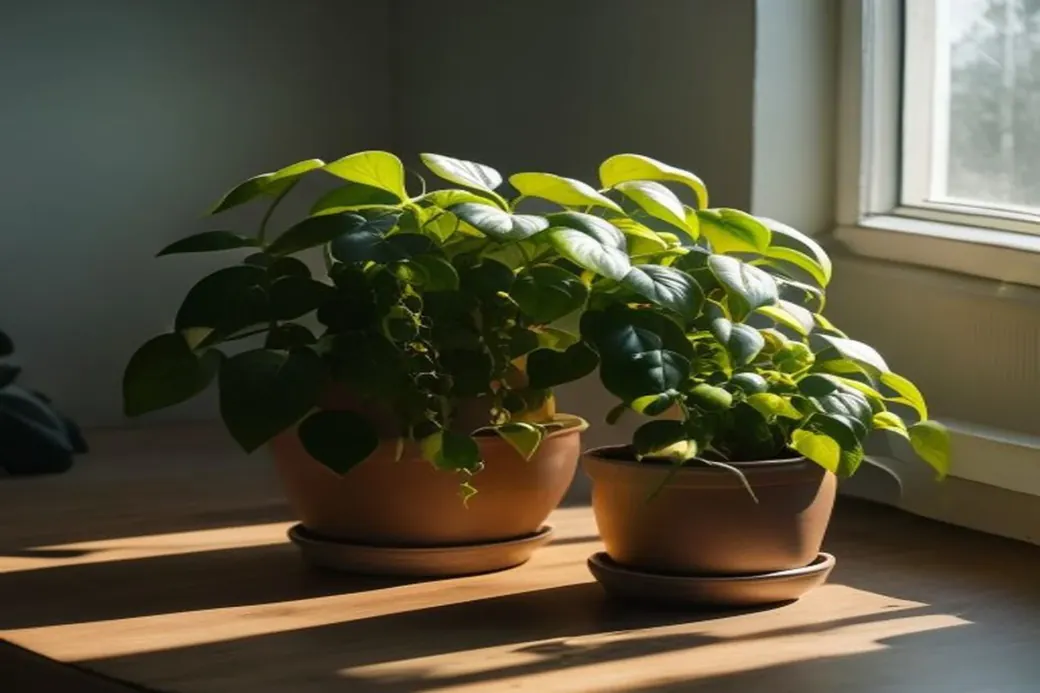 Pothos y ZZ plant lado a lado en rincón con poca luz