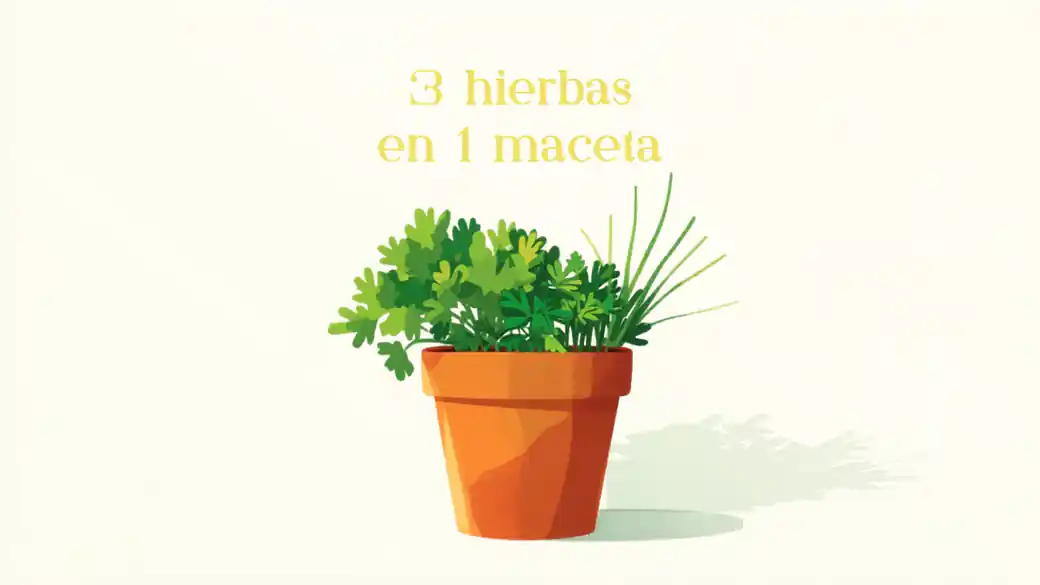 Maceta de barro con tres hierbas aromáticas creciendo juntas