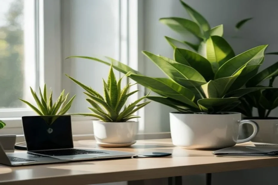 Pequeñas plantas sobre escritorio minimalista con laptop