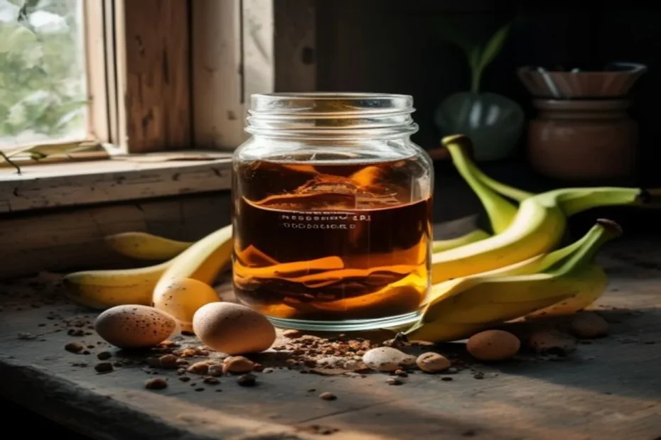 Jarra con abono líquido casero y cáscaras de frutas