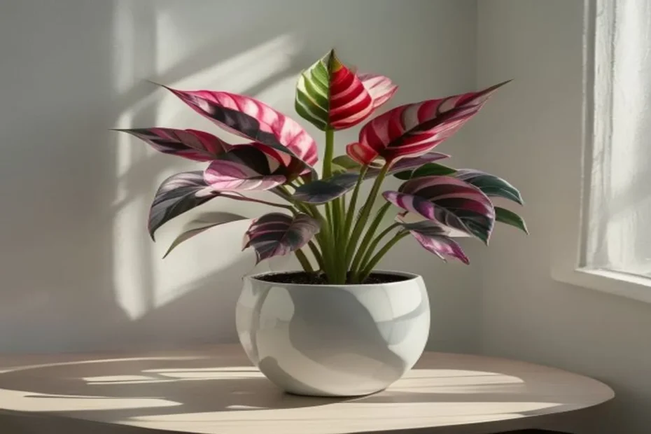 Aglaonema con hojas variegadas rojas y verdes en maceta blanca