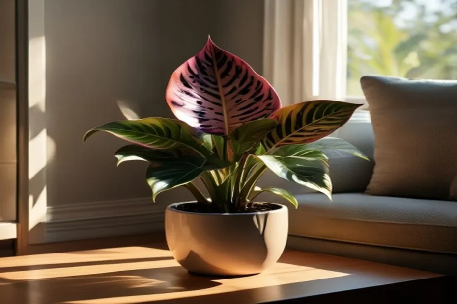 Calathea con hojas decoradas en rincón con luz suave