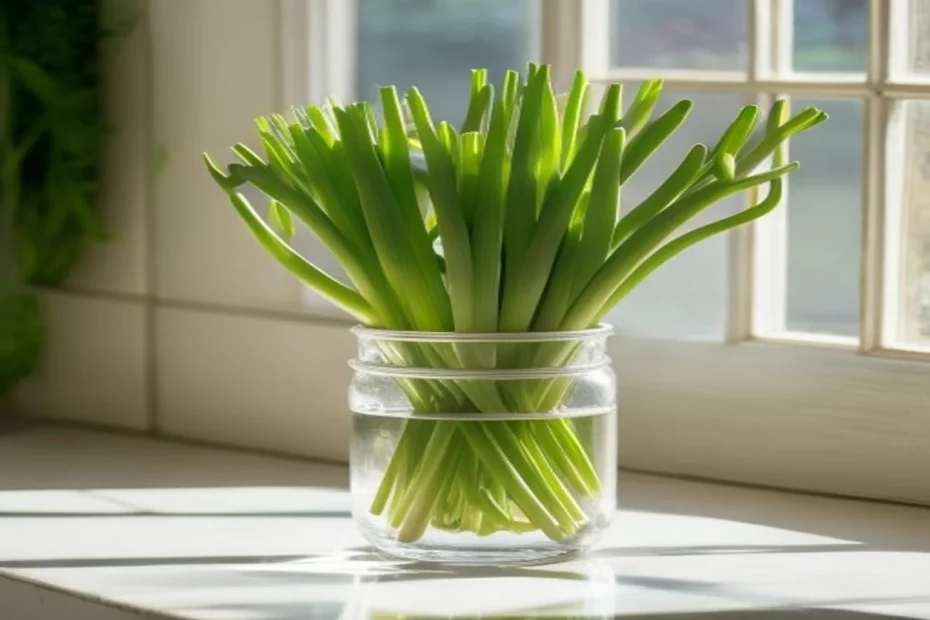 Cebollín creciendo en un vaso con agua sobre la encimera