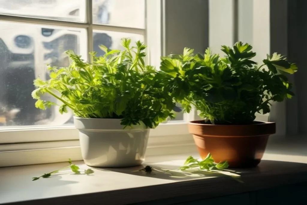 Maceta con cebollines, cilantro y albahaca creciendo juntos en cocina