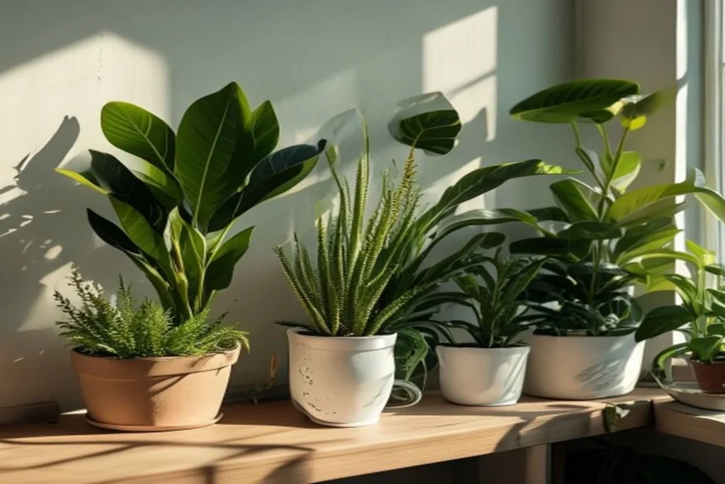 Colección de plantas de interior bien combinadas en estante de departamento