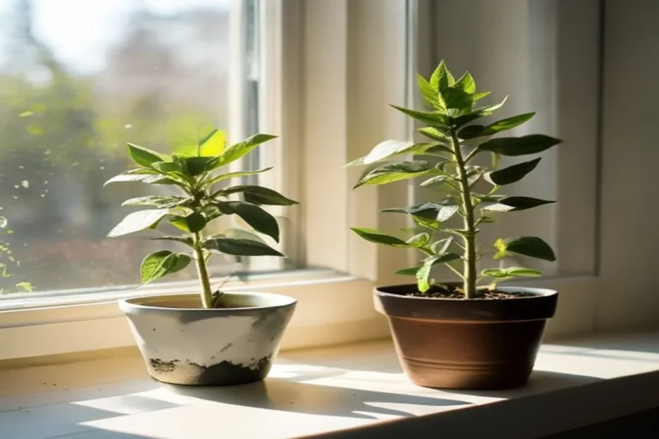 Planta con hojas caídas indicando necesidad de agua junto a planta sana para comparar