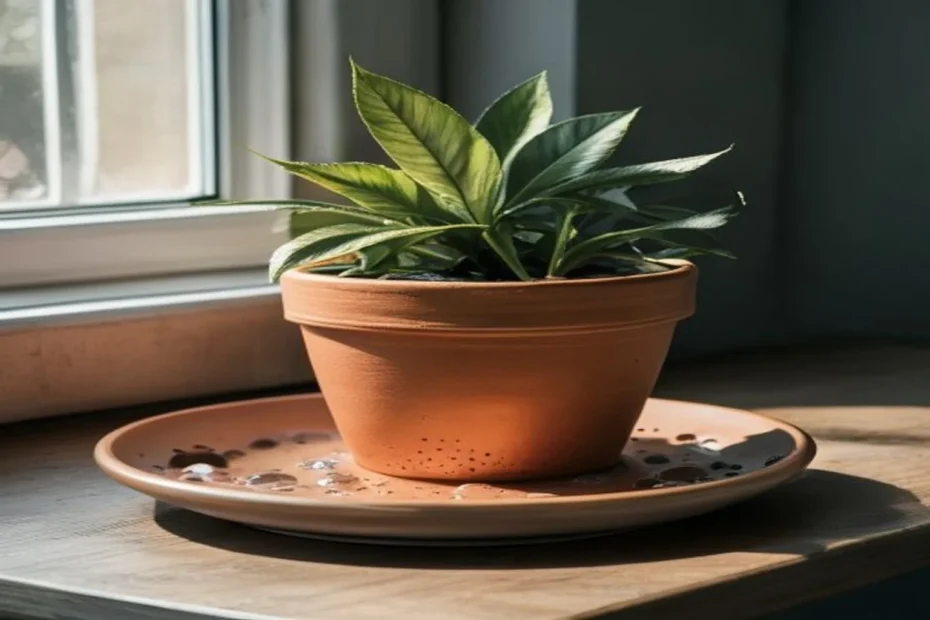 Maceta de terracota con agujeros de drenaje sobre un plato
