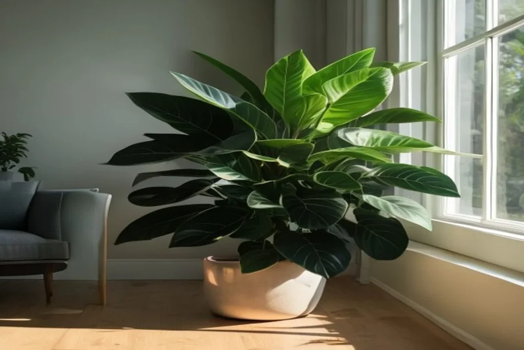 Ficus elástica con hojas brillantes verdes en rincón de departamento con luz natural