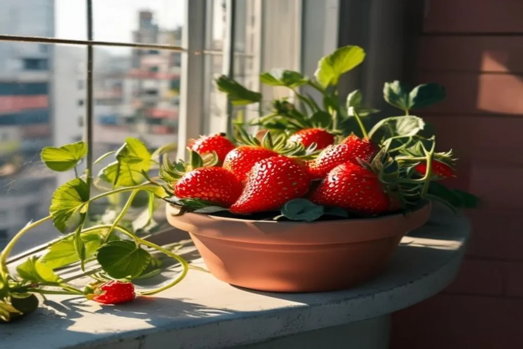 Fresas maduras creciendo en maceta en balcón de departamento