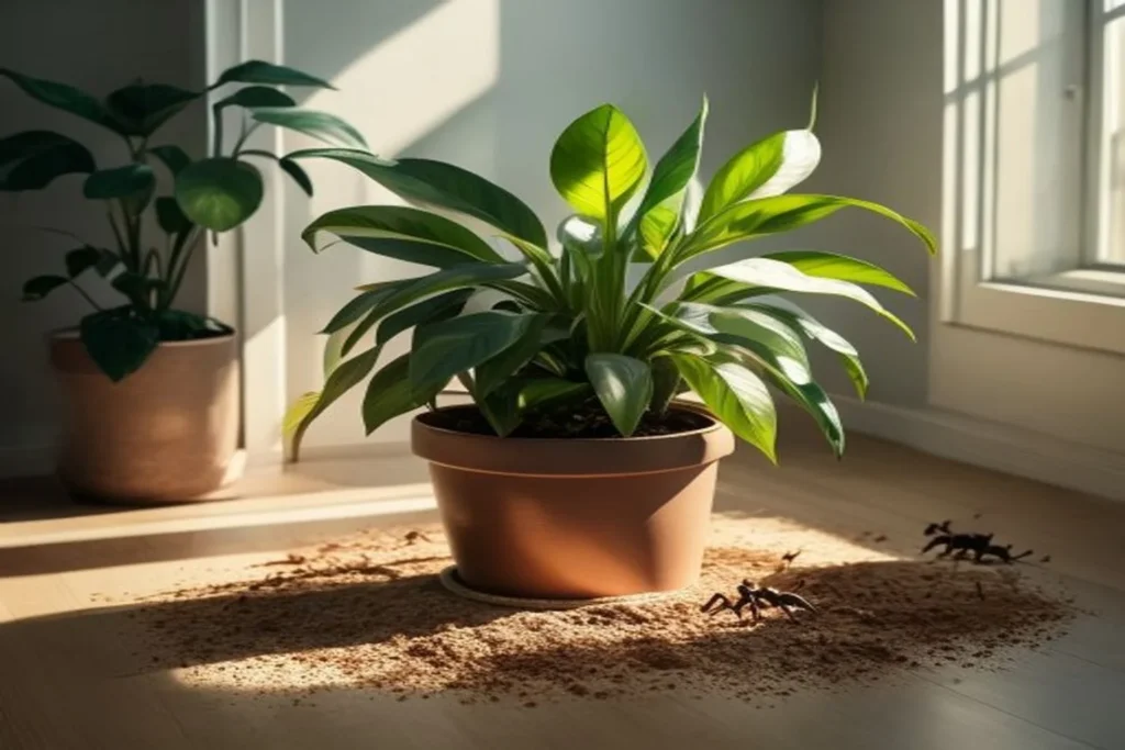 Planta con tierra siendo tratada contra hormigas con canela en polvo