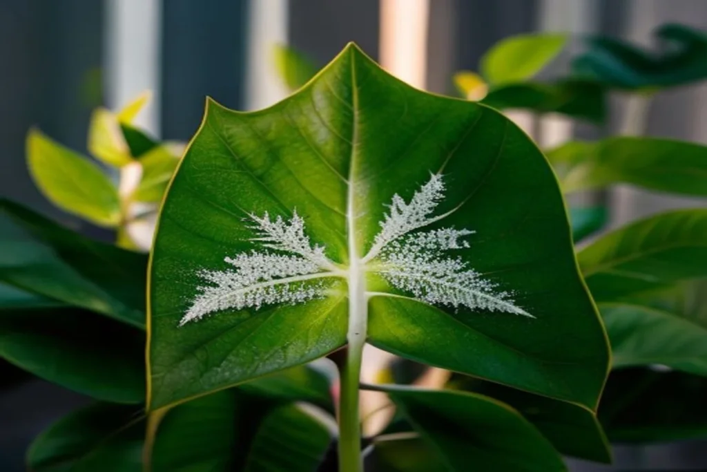 Hoja de planta con manchas blancas de hongos