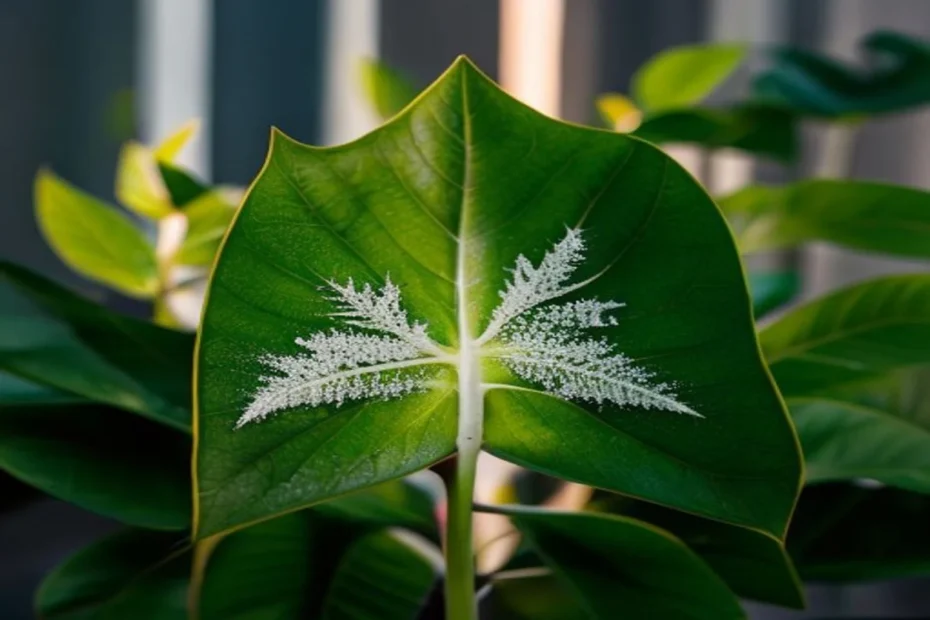 Hoja de planta con manchas blancas de hongos
