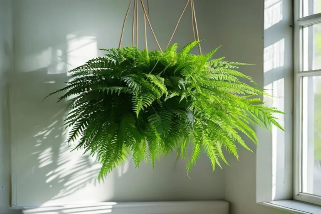 Helecho verde frondoso en maceta colgante de apartamento