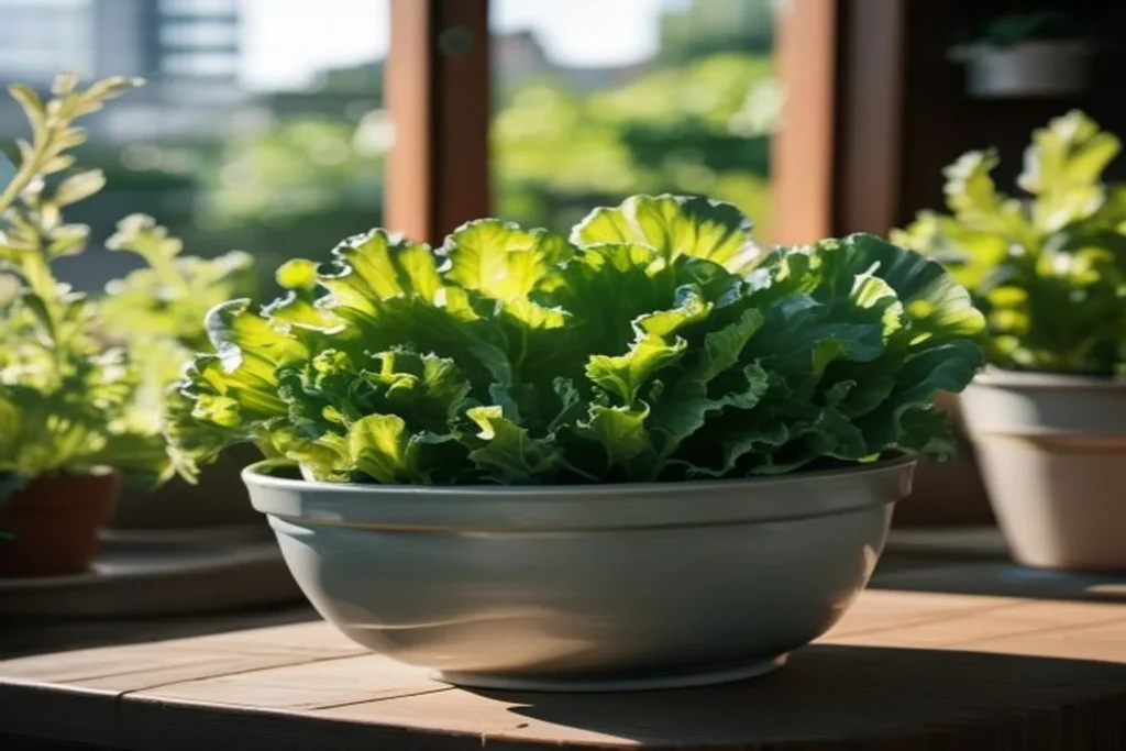 Lechuga verde creciendo en maceta de balcón