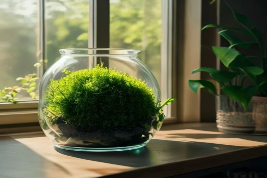 Terrario de musgo verde en recipiente de vidrio en departamento, luz tenue