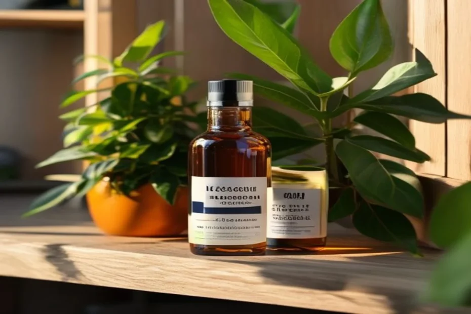 Botella de aceite de neem junto a planta sana