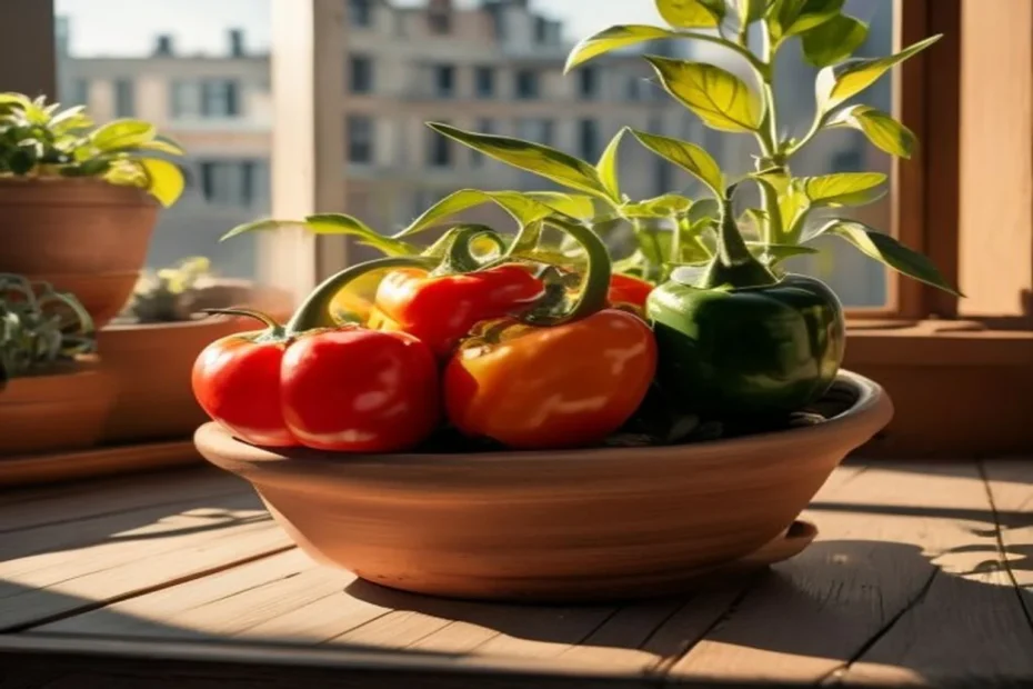 Pimientos rojos y verdes creciendo en maceta de balcón