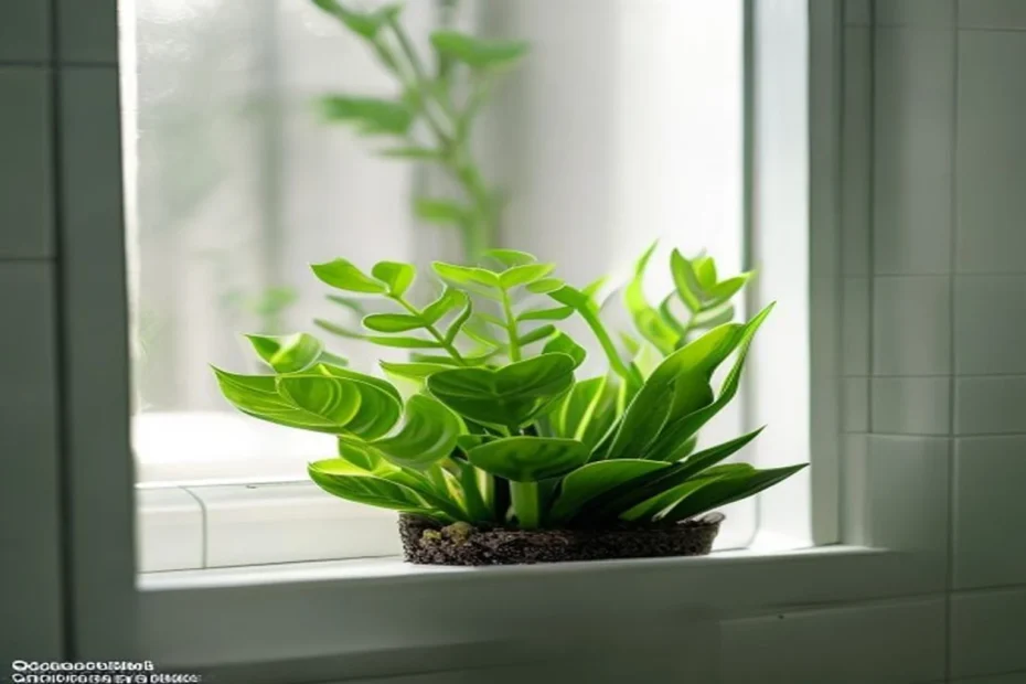 Plantas en baño pequeño sin ventana bajo luz artificial tenue