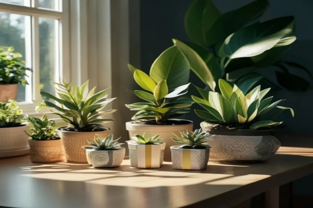 Surtido de plantas pequeñas en macetas bonitas como regalo, sobre mesa