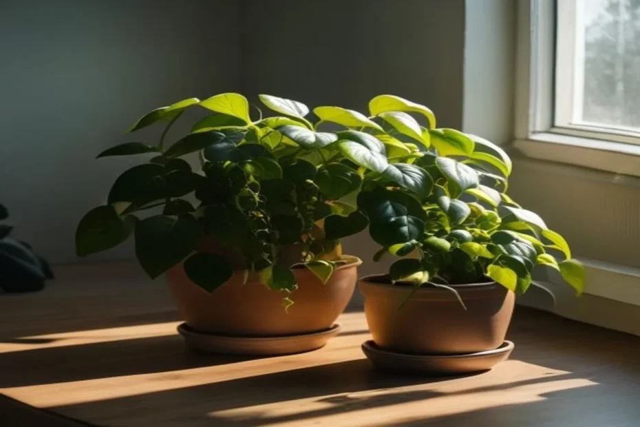 Pothos y ZZ plant lado a lado en rincón con poca luz