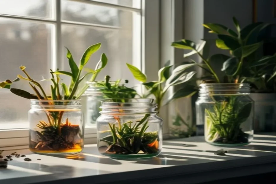 Varios frascos de vidrio con esquejes de plantas enraizando en agua sobre alféizar