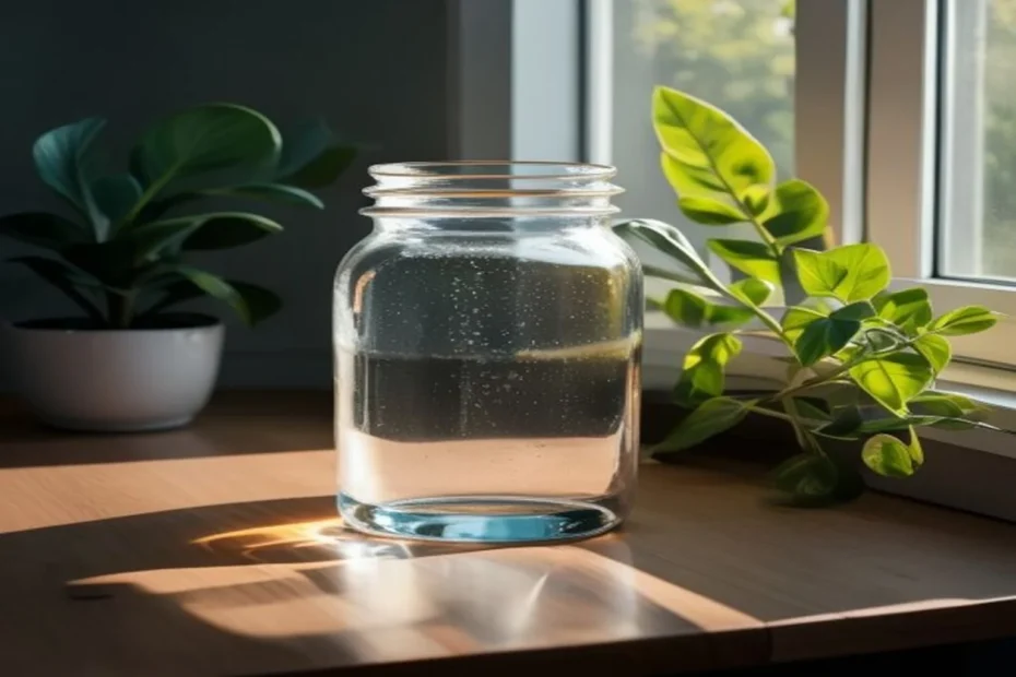 Jarra de agua a temperatura ambiente junto a planta de interior