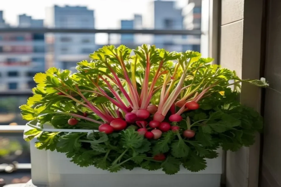 Rabanitos con hojas verdes creciendo en maceta rectangular