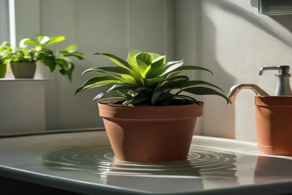 Maceta con planta sumergida parcialmente en un recipiente con agua