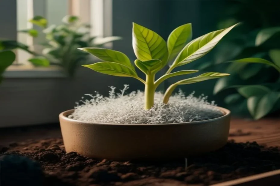 Tierra de maceta con manchas blancas de hongos