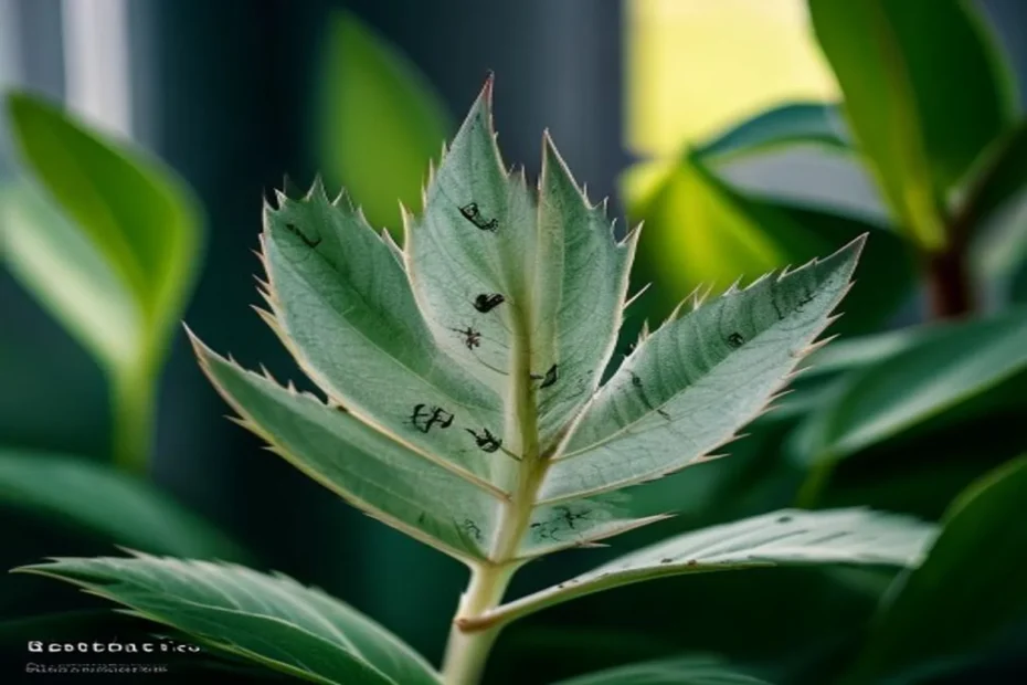 Hoja de planta con señales de trips y daño en la superficie