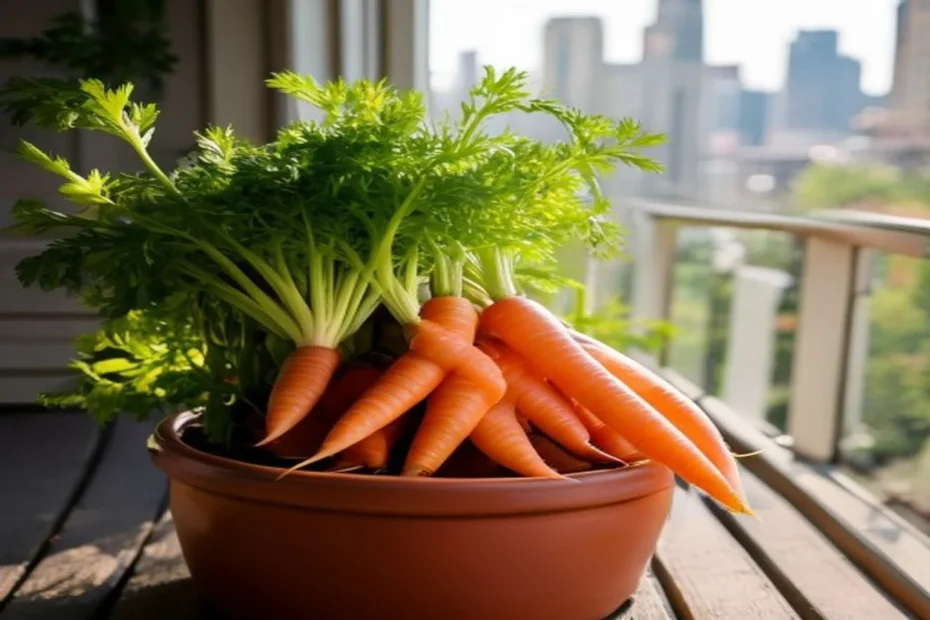 Zanahorias creciendo en maceta en un balcón soleado