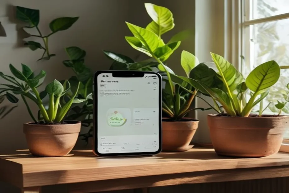 Teléfono con recordatorio de riego junto a plantas de interior con palitos de colores en las macetas, ambiente de apartamento cálido