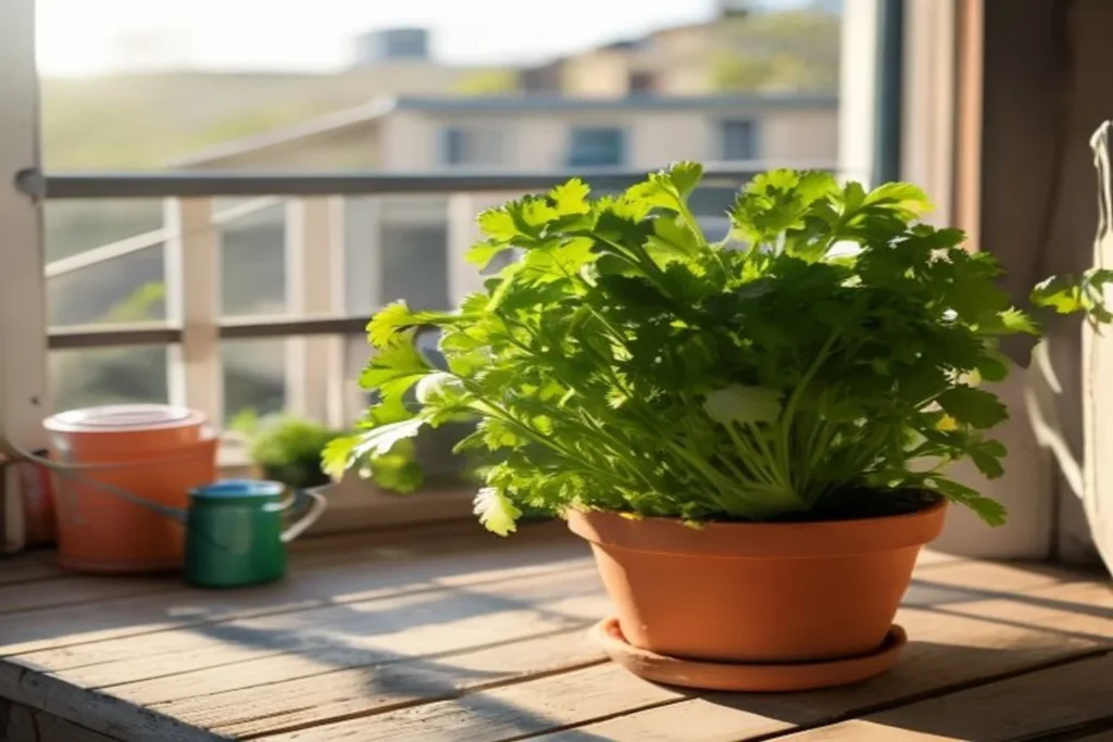 Planta de cilantro fresco en maceta de terracota sobre balcón con luz matinal suave