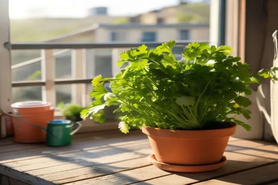 Planta de cilantro fresco en maceta de terracota sobre balcón con luz matinal suave