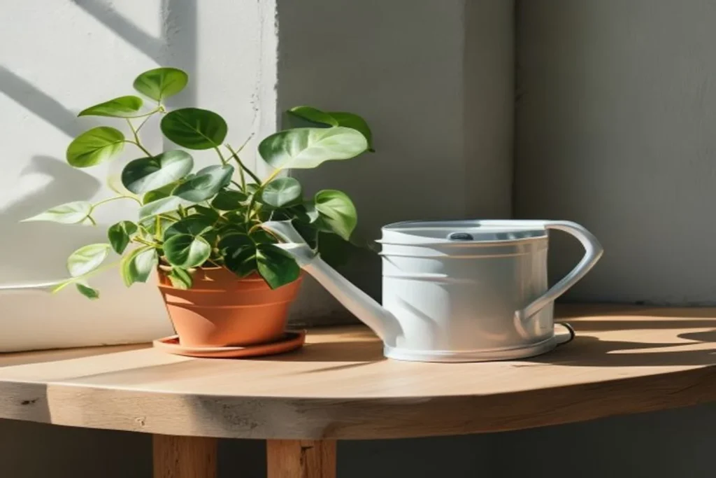 Pequeña regadera blanca junto a un pothos en maceta de terracota sobre una repisa de madera con luz natural lateral