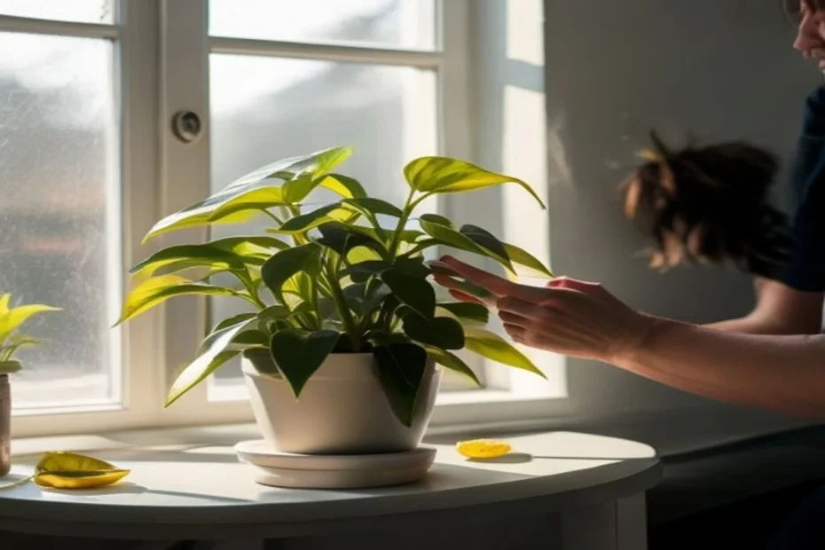Planta de interior en mesa con una hoja amarilla, ambiente de apartamento con regadera cerca y luz natural