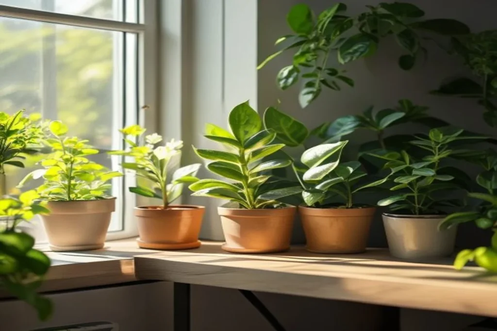 Varias plantas de interior sanas en estante con pulverizador, rutina preventiva de cuidado mensual