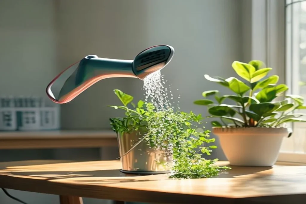 Regadera vertiendo agua despacio en la base de una planta en maceta, ambiente apartamento con luz natural