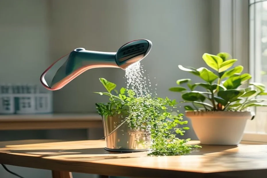 Regadera vertiendo agua despacio en la base de una planta en maceta, ambiente apartamento con luz natural