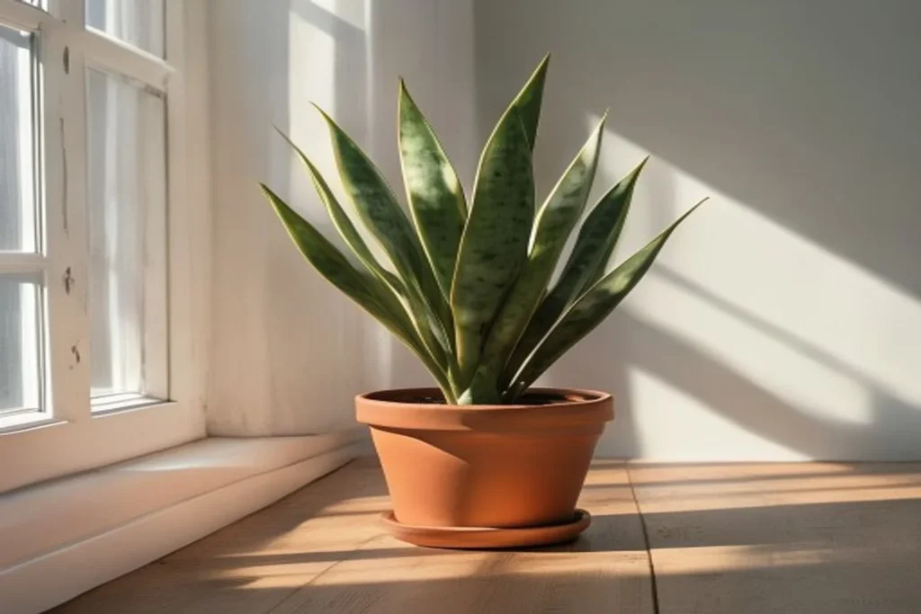 Sansevieria en maceta de terracota sobre una repisa de madera, junto a una pared blanca con luz natural lateral