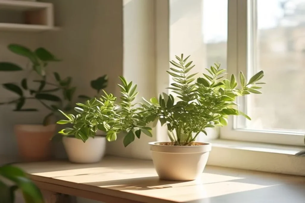 Planta de albahaca verde y frondosa en una maceta junto a una ventana soleada de un departamento