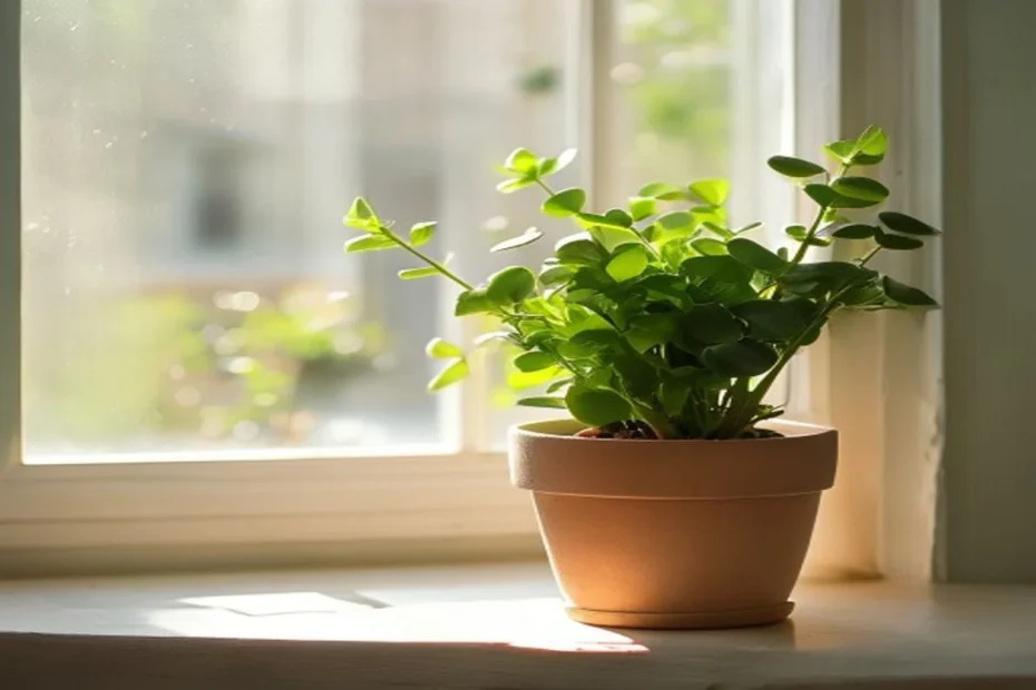 Maceta con cebollín verde y frondoso junto a la ventana de una cocina de departamento