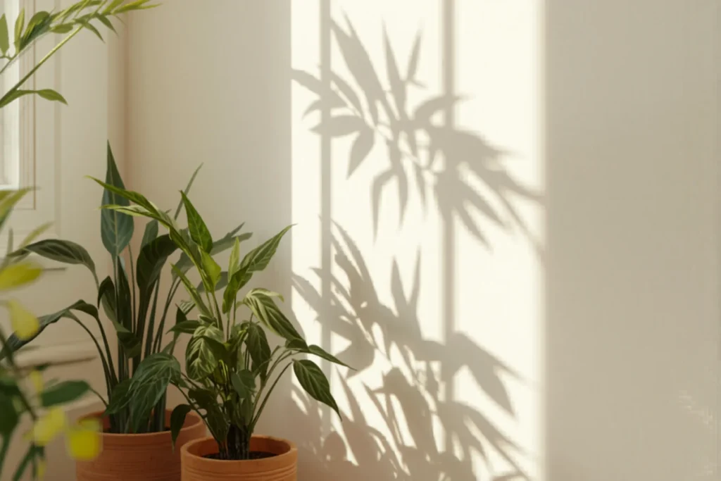Plantas de interior junto a una ventana luminosa con suaves sombras de hojas sobre una pared clara, macetas de terracota, luz natural