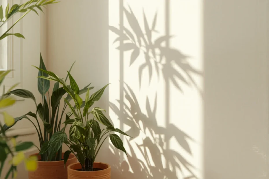 Plantas de interior junto a una ventana luminosa con suaves sombras de hojas sobre una pared clara, macetas de terracota, luz natural