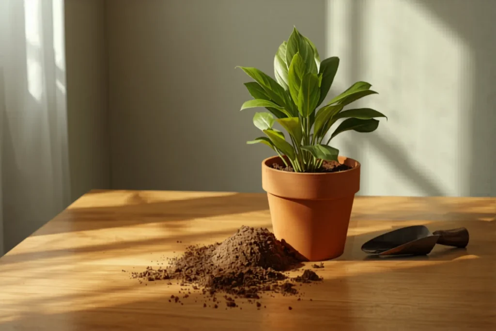 Trasplante de una planta de interior: planta verde, maceta de terracota vacía y tierra fresca sobre mesa de madera, luz natural
