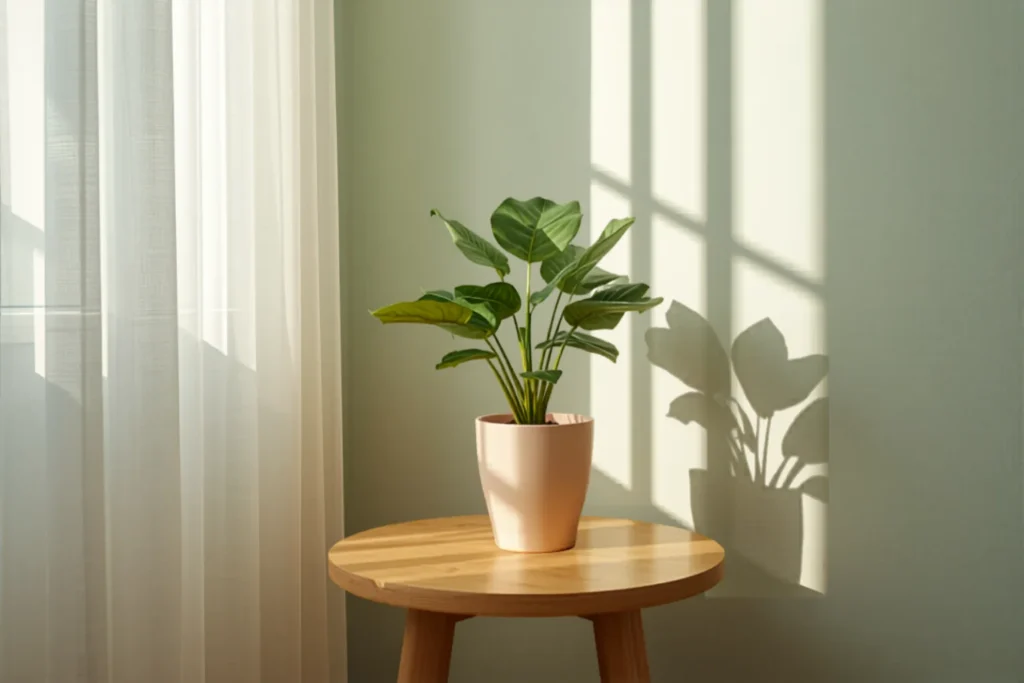 Una planta de interior nueva en maceta, sola sobre una mesa de madera en un rincón luminoso, apartada de otras plantas, luz natural