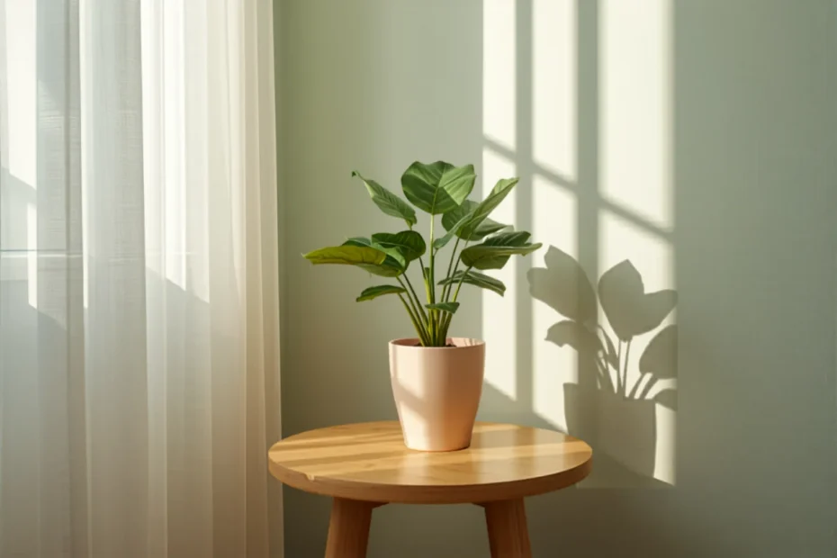 Una planta de interior nueva en maceta, sola sobre una mesa de madera en un rincón luminoso, apartada de otras plantas, luz natural