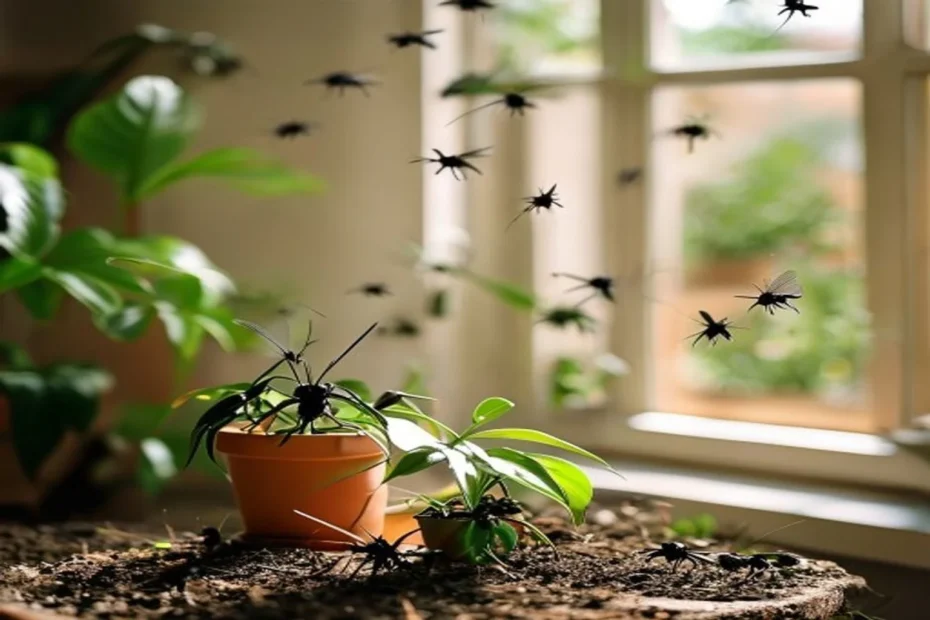 Pequeños mosquitos negros volando sobre la tierra húmeda de una planta de interior en una maceta