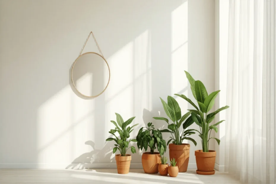 Plantas de interior junto a una ventana con un espejo redondo en la pared clara reflejando la luz del día sobre las hojas
