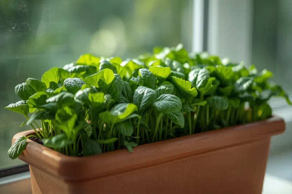 Espinacas verdes frescas creciendo en una jardinera ancha sobre un balcón luminoso, hojas tiernas, luz natural suave